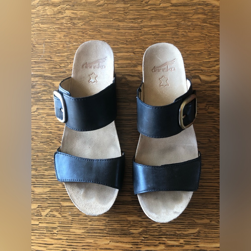 Dansko Black Leather “Shannon”Double-Band Slide Wedge Sandals with Buckles EUC